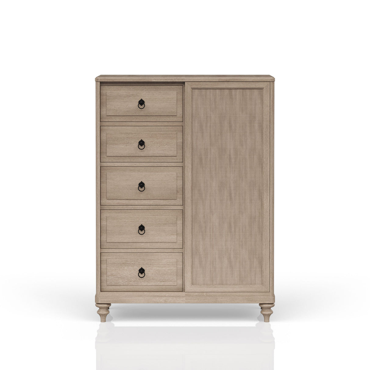 Sand Finish 5 Drawer Door Chest with Sliding Door and Hanging Storage, Solid Wood and MDF, 44x18x61 inches