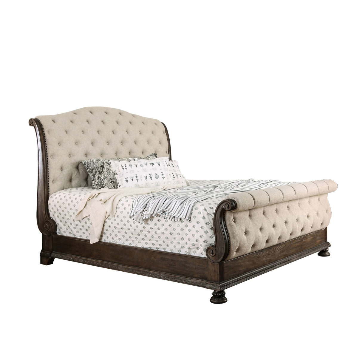 Rustic Natural Tone Eastern King Size Bed in Beige Fabric Tufted Sleigh Style with Solid Wood Frame 1pc Bedroom Furniture