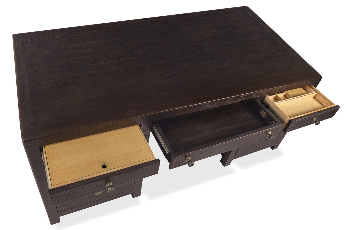 Wooden desk with multiple drawers on a white background