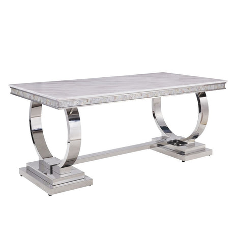 Acme - Zander Dining Table 68250 White Printed Faux Marble Top & Mirrored Silver Finish