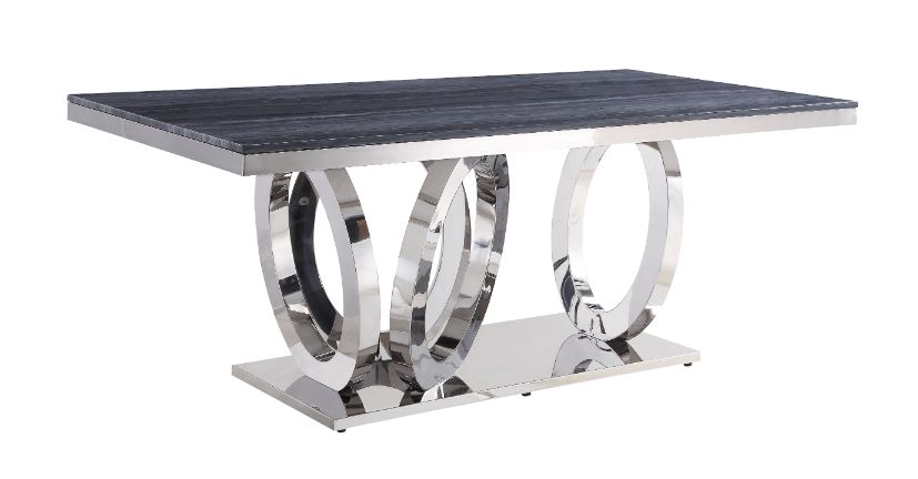 Acme - Nasir Dining Table 68255 Gray Printed Faux Marble Top & Mirrored Silver Finish