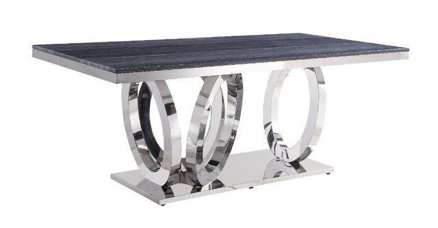Acme - Nasir Dining Table 68255 Gray Printed Faux Marble Top & Mirrored Silver Finish