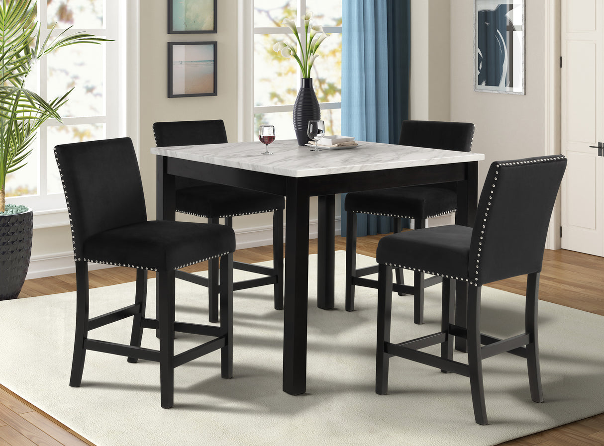 Juego de comedor de 5 piezas de altura de mostrador, mesa cuadrada de imitación de mármol blanco, sillas tapizadas de terciopelo negro con capitoné y patas de madera, muebles de comedor negros.