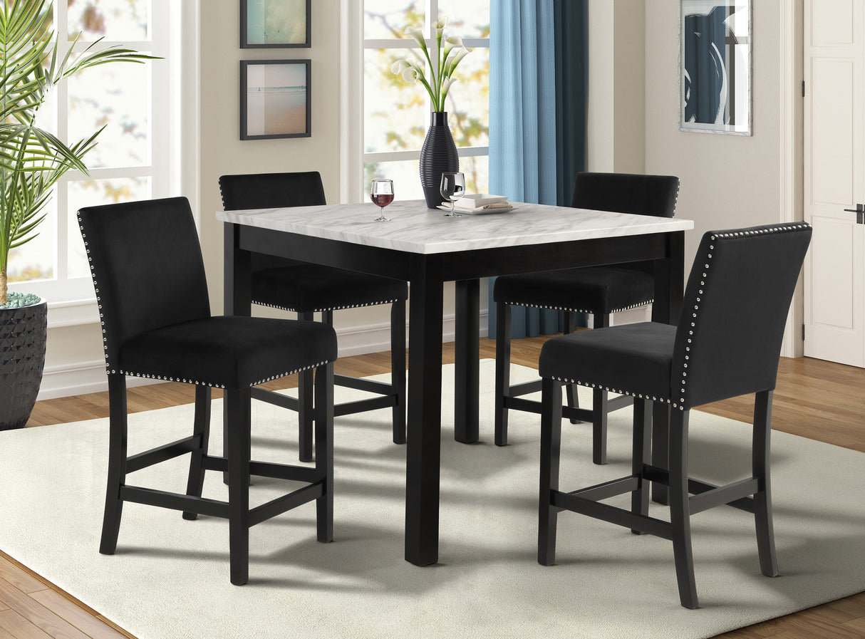 5pc Counter Height Dining Set Square White Faux Marble Table Black Velvet Upholstered Tufted Nail Head Chairs Wooden Leg Dining Room Furniture Black - sold by Home Elegance USA