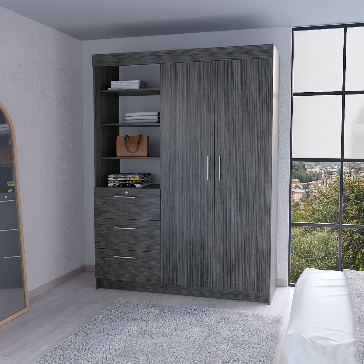 Tempe 3 Drawers Armoire, 3-Tier Shelf, 2-Door - sold by Home Elegance USA