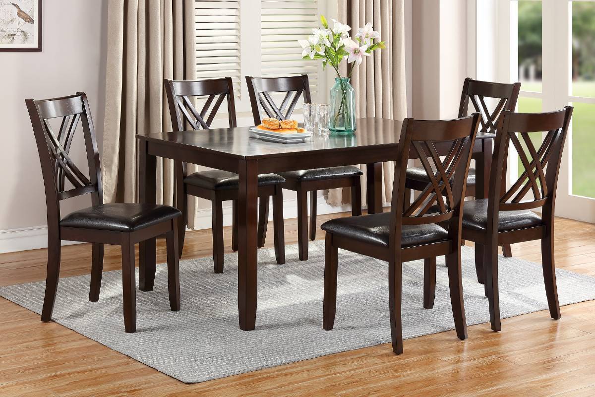 7pcs Dining Set Dining Table 6 Side Chairs Clean Espresso Finish Cushion Seats X Design back Chairs | Home Elegance USA