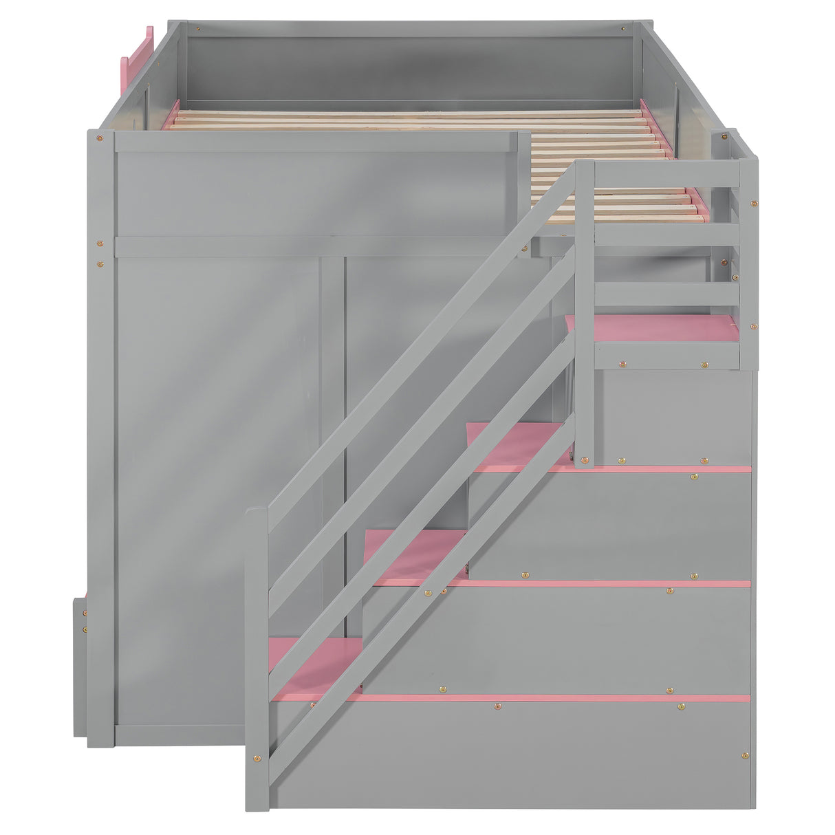 Full Over Full Bunk Bed with Twin Size Trundle and Staircase, Shelves, LED,Gray - sold by Home Elegance USA
