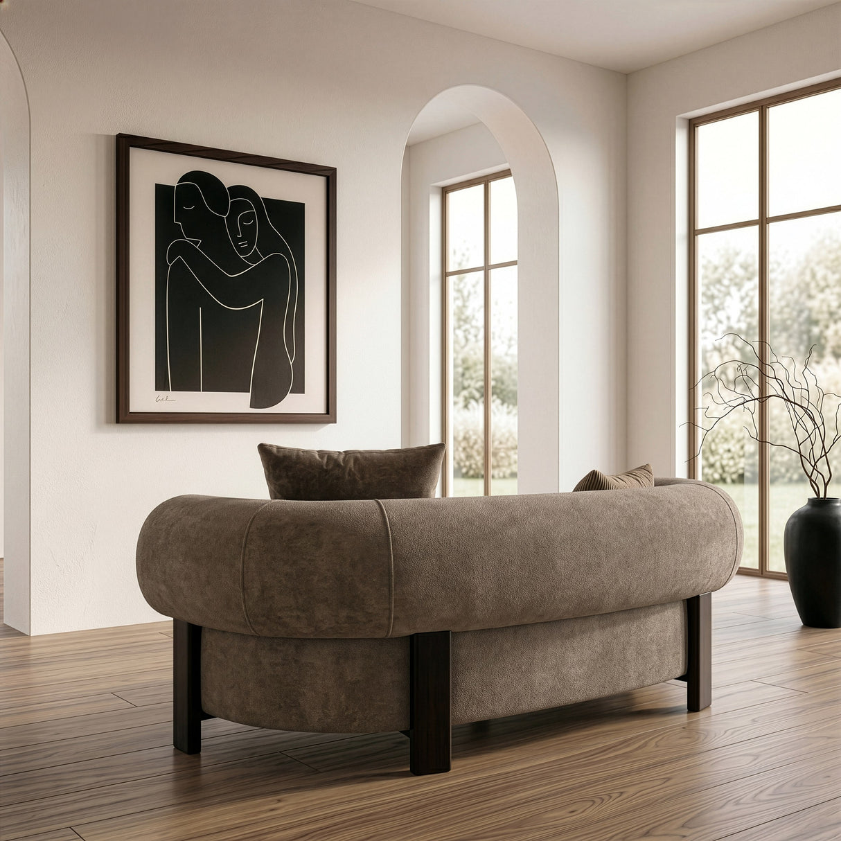 Arnaud - Modern Tan Fabric + Brown Oak Loveseat Sofa - View Image 1
