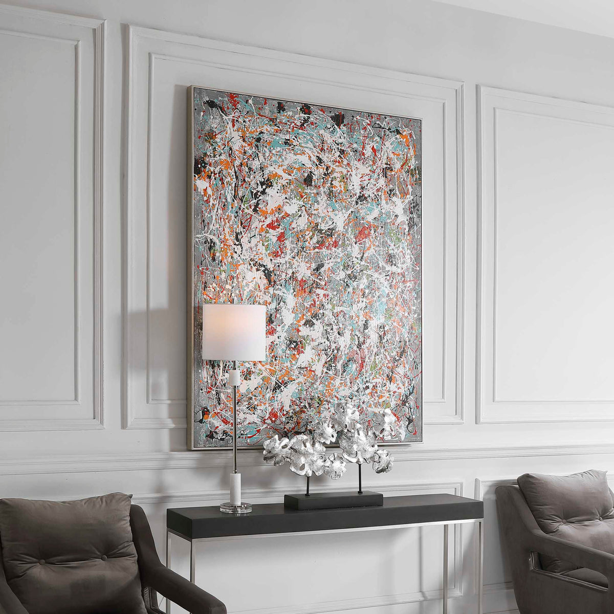 Organized Chaos Hand Painted Canvas - Light Gray / Blue by Uttermost - View 3