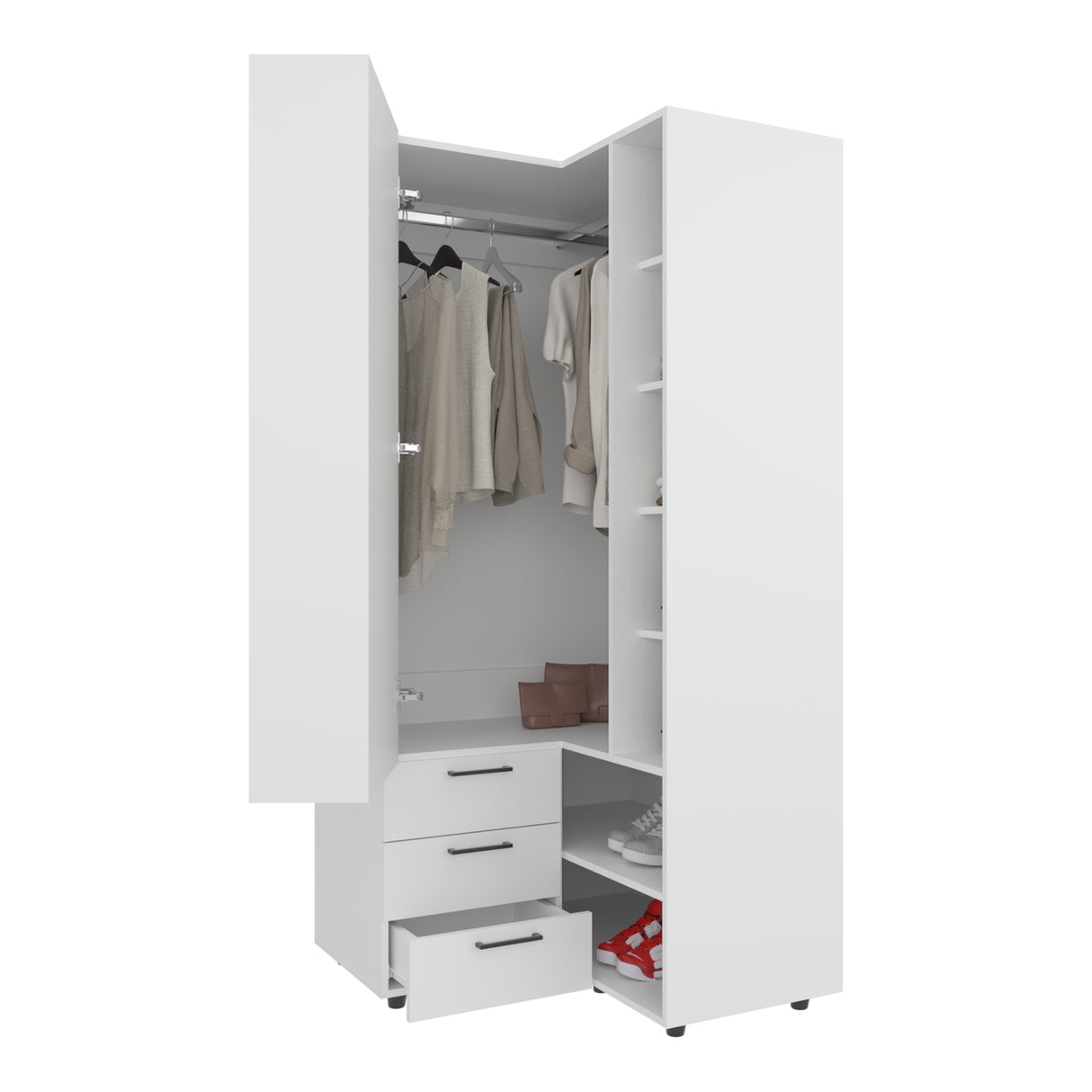FM FURNITURE Thatcher Armoire- wardrobe, shoe storage, Open Storage and 2 - drawer, White - sold by Home Elegance USA