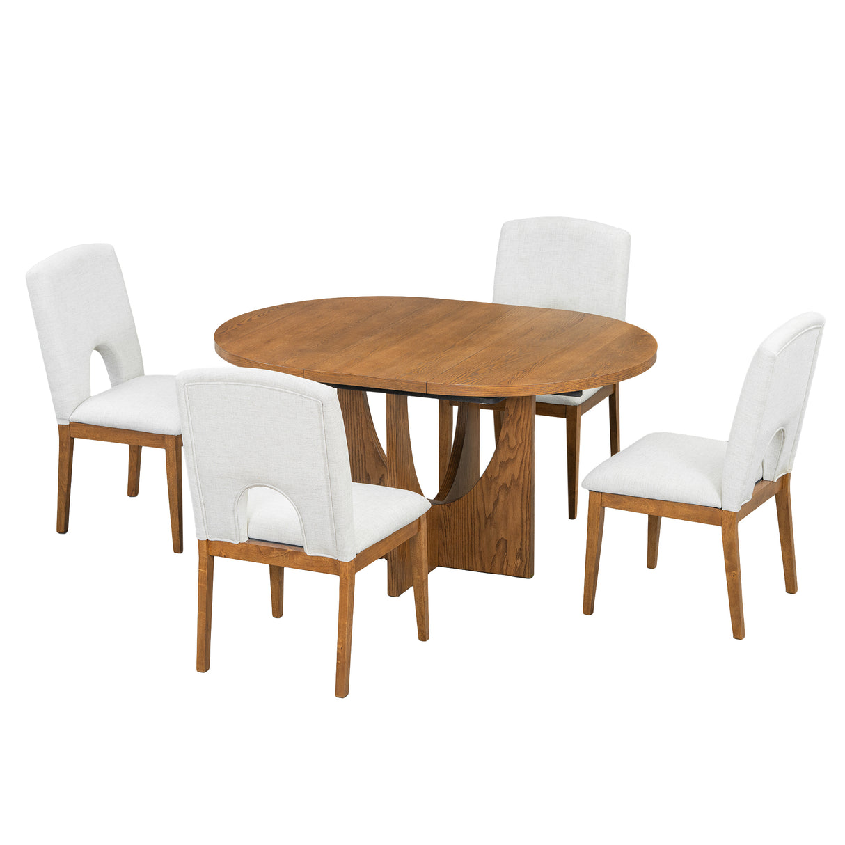 TOPMAX Modern 5-Piece Extendable Round Dining Table Set with Removable Leaf, Walnut Beige, Solid Wood