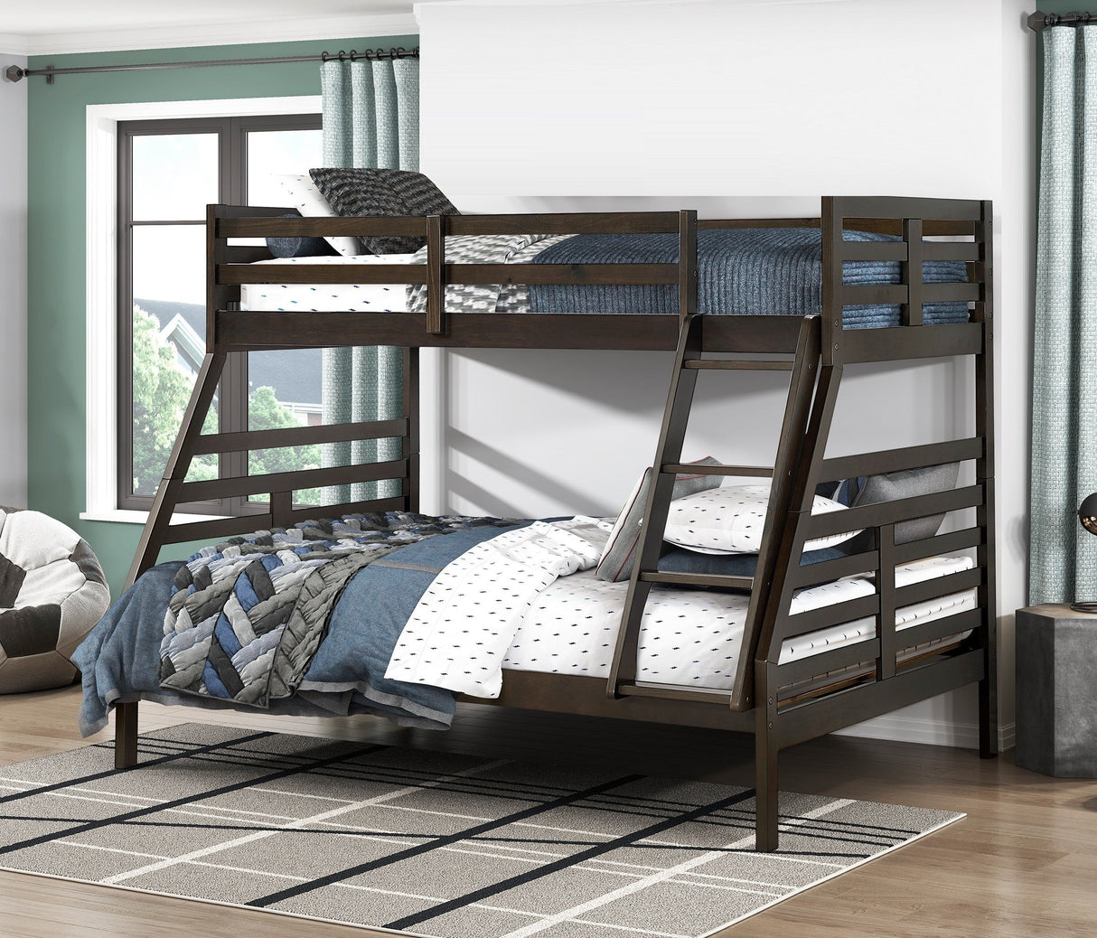 Twin over Full Bunk Bed 1pc Classic Dark Brown Finish Youth Bedroom Furniture Durable Wood - sold by Home Elegance USA