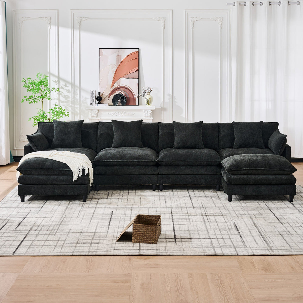 140.9-inch U-shaped modular sectional sofa, suitable for living room or bedroom. It comes with 2 movable ottomans, 4 cushions and 2 throw pillows. Made of soft cashmere fabric, in black - sold by Home Elegance USA