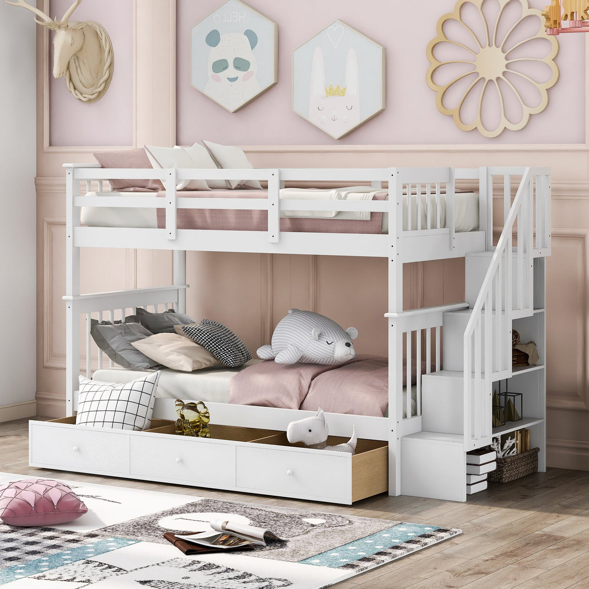 Stairway Twin-Over-Twin Bunk Bed with Three Drawers for Bedroom, Dorm - White(Old sku: LT000309AAK) - sold by Home Elegance USA