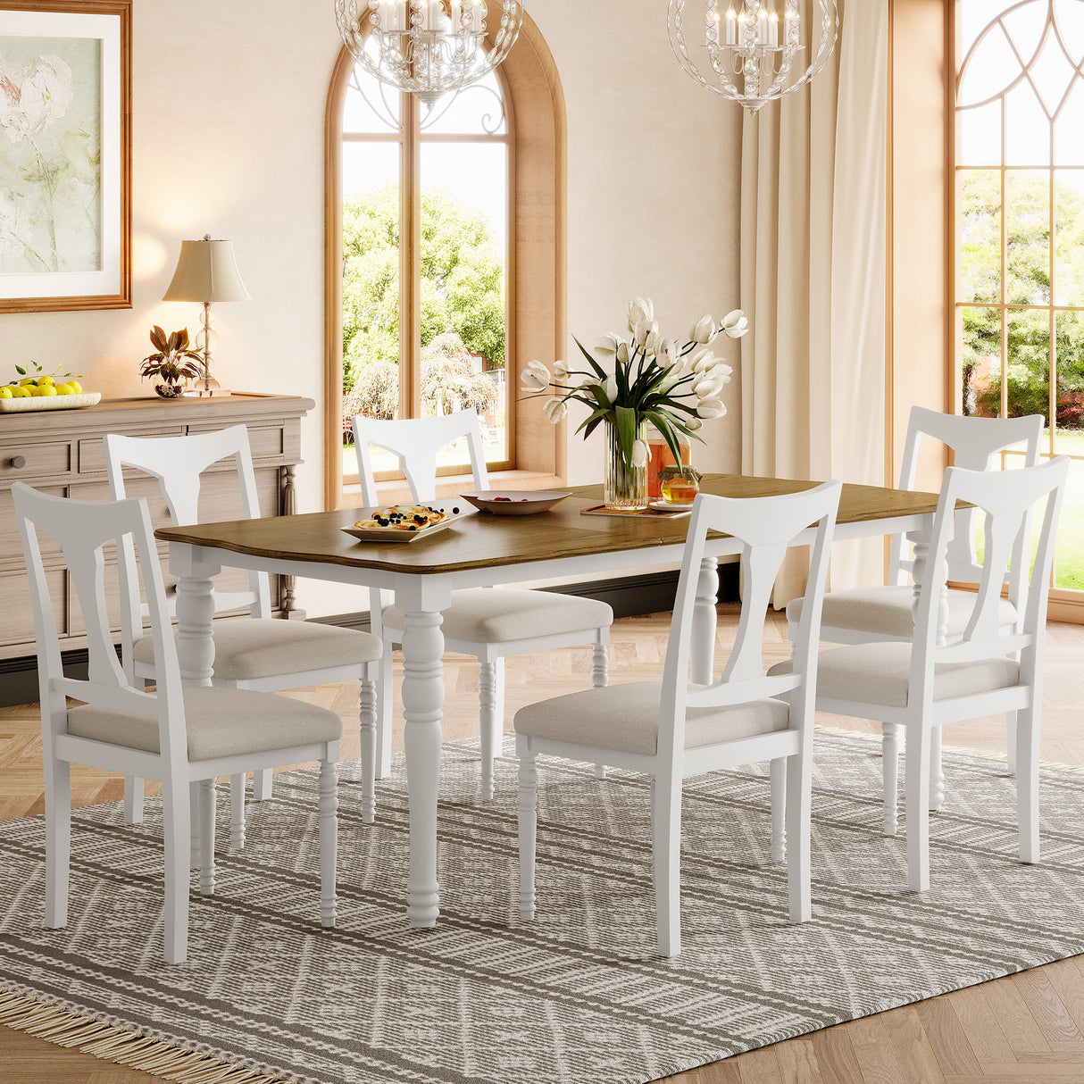 7-Piece Dining Table Set, 60inch to 78inch Extendable Wood Dining Table with Removable Leaf, Kitchen Table Set with 6 Upholstered Side Chair, Dining Table Set for 6 - sold by Home Elegance USA