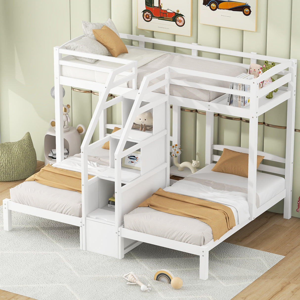 Twin over Twin & Twin Bunk Bed with Built-in Staircase and Storage Drawer,White - sold by Home Elegance USA