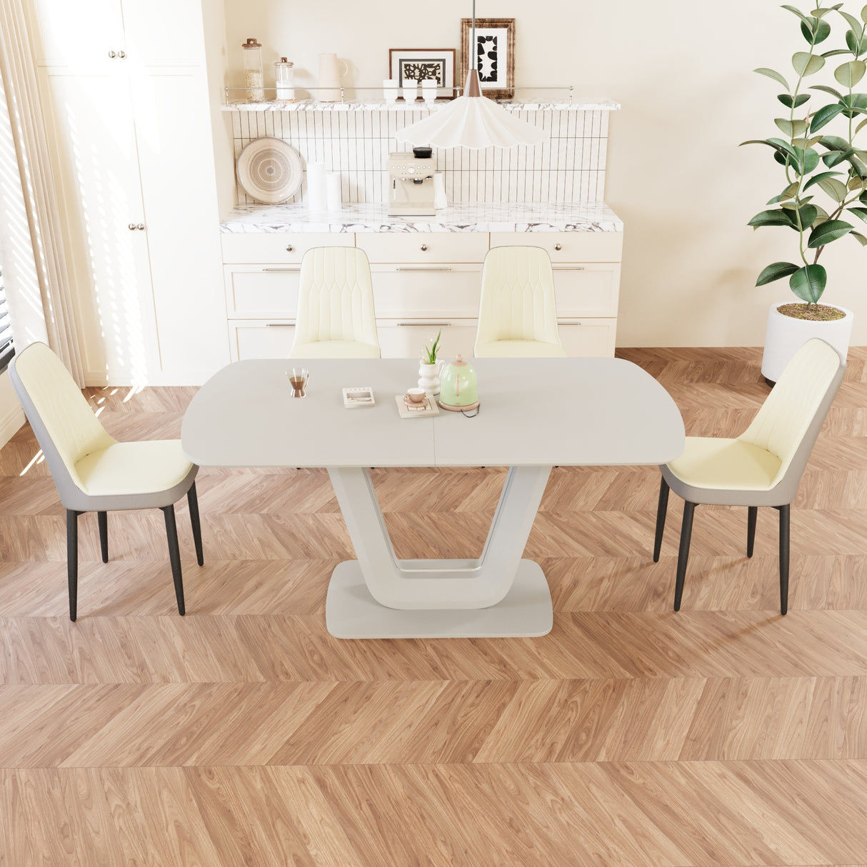 Juego de mesa de comedor expandible de 62,99 a 78,74 pies para 2 a 8 personas, equipado con 4 sillas de comedor acolchadas gruesas de tela de PU y una espaciosa mesa de comedor, mesa de cocina y sillas, con patas de mesa en forma de U