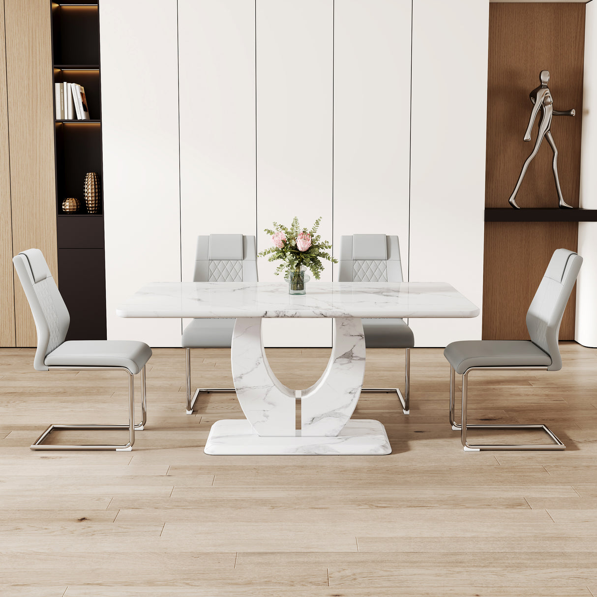 Juego de mesa y sillas. Juego de comedor de MDF con patrón de mármol - 63'x37' con 4 sillas de PU gris claro. Pegatina con patrón de mármol texturizado blanco, MDF, patas de silla de metal plateado. Adecuado para restaurantes, cocinas.
