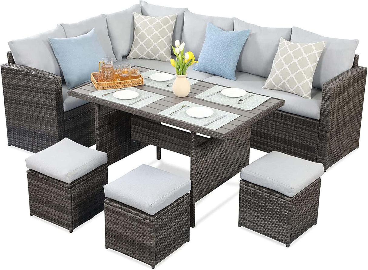 7 - Pieces PE Rattan Wicker Patio Dining Sectional Cusions Sofa Set with Grey cushions | Home Elegance USA