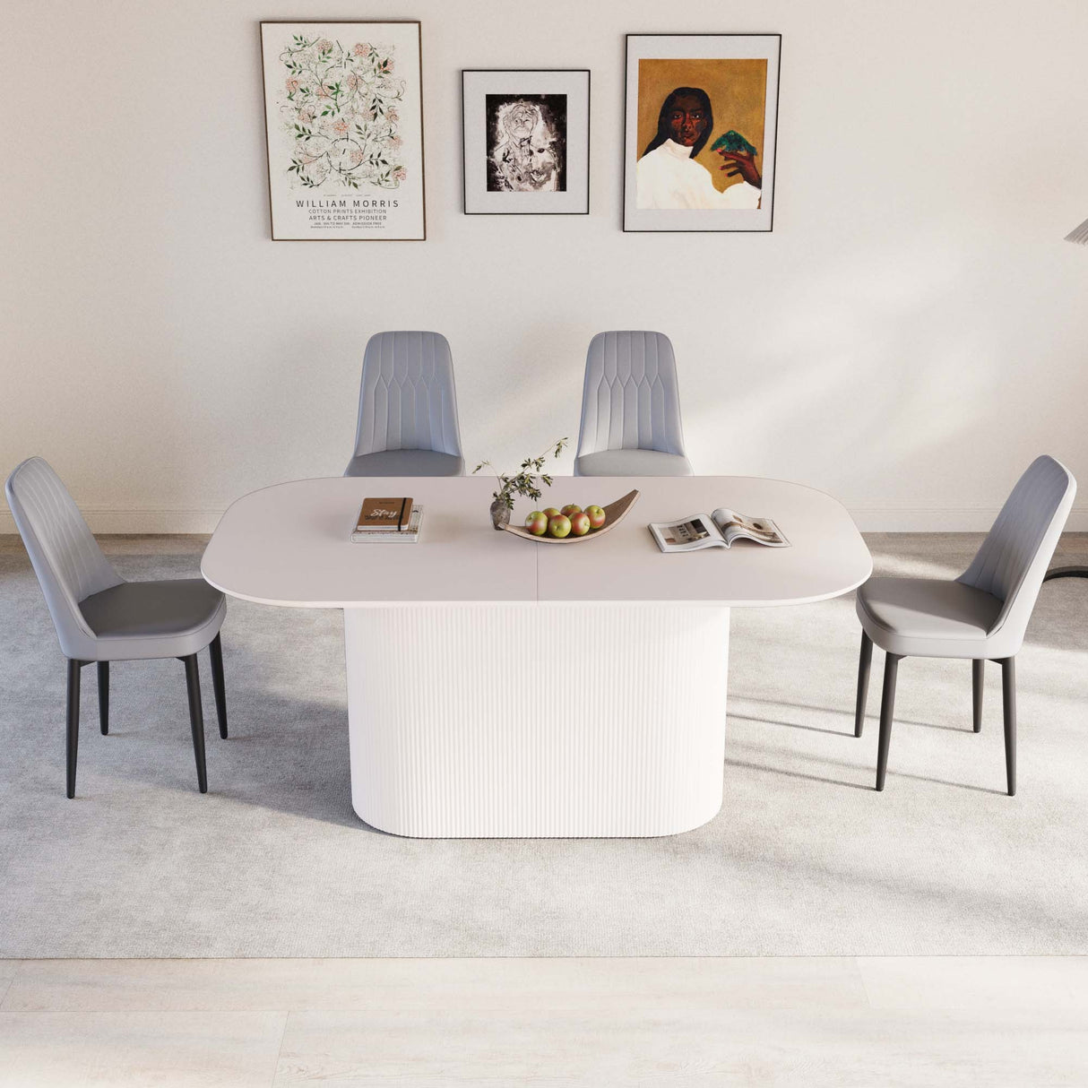 Mesa de comedor de MDF estilo crema medieval moderno de 63 'y juego de sillas de comedor de PU 4. Conjunto de escritorio ensamblado y silla de comedor con patas de metal negro, adecuado para el hogar y la cocina.