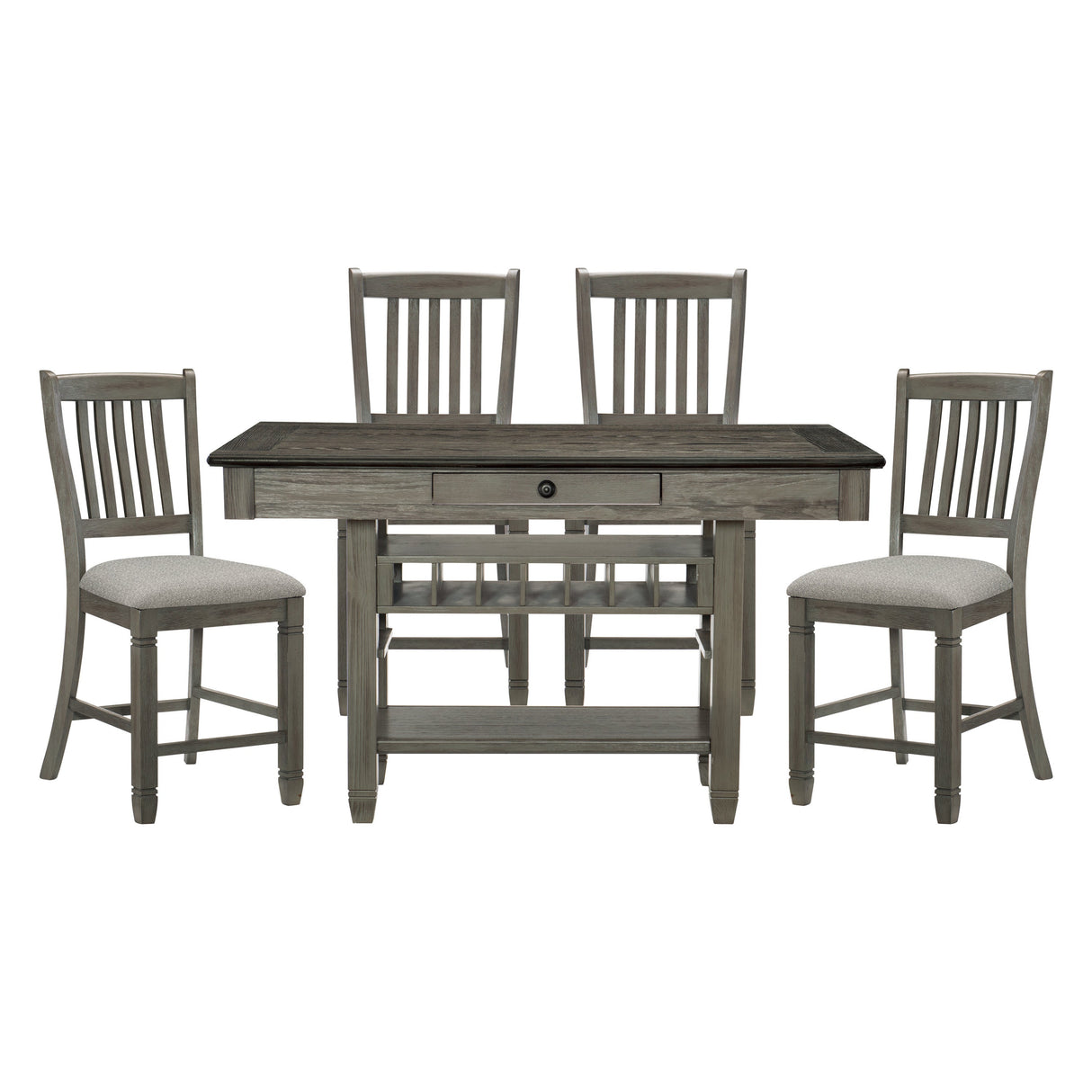 Antique Gray Dining Furniture Counter Height Table w Drawers Wine Rack Shelf and 4x Counter Height Chairs 5pc Dining Set Classic Style - sold by Home Elegance USA