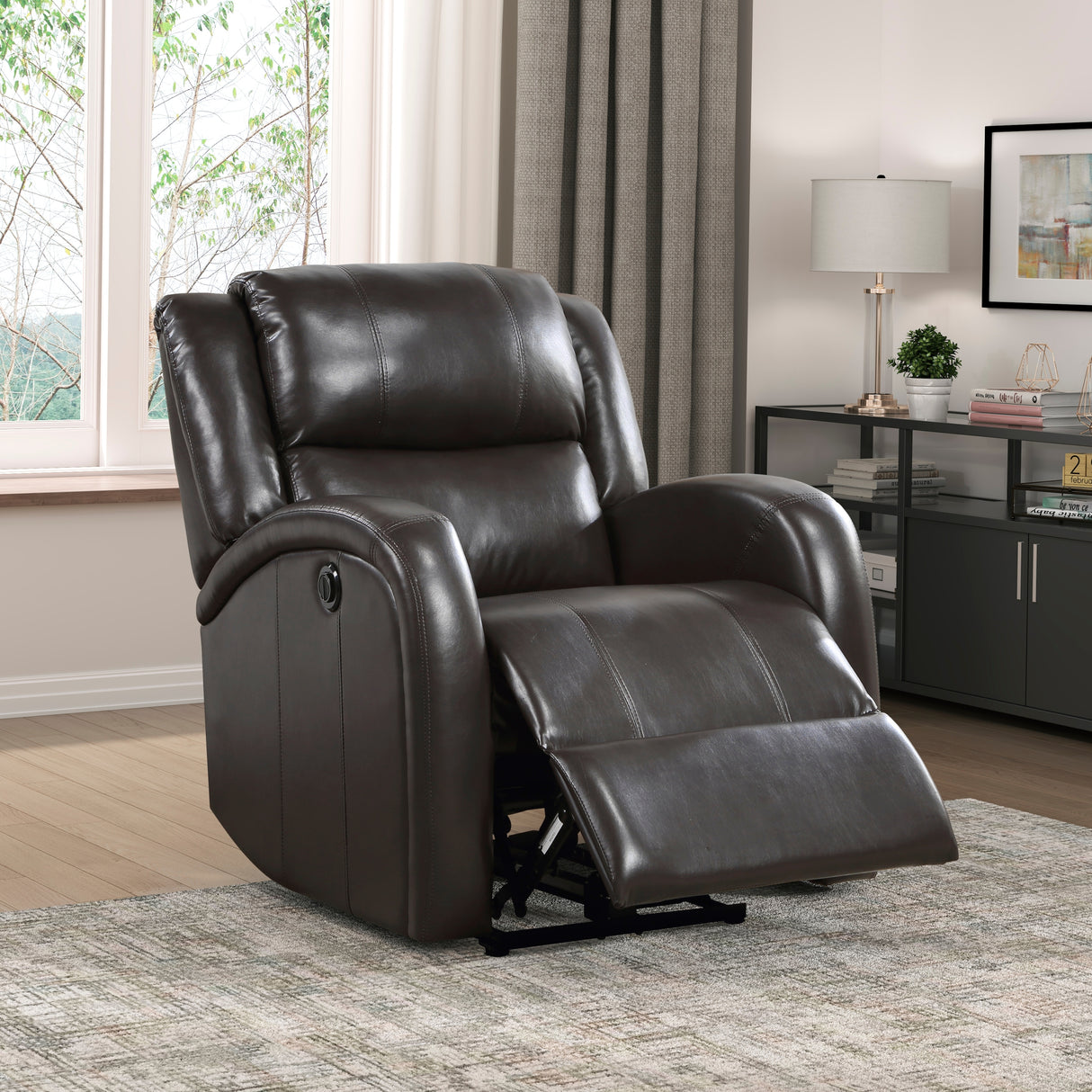 Modern Living Room Furniture 1pc Power Reclining Chair Brown Faux Leather Upholstery Plush Seating Solid Wood Frame