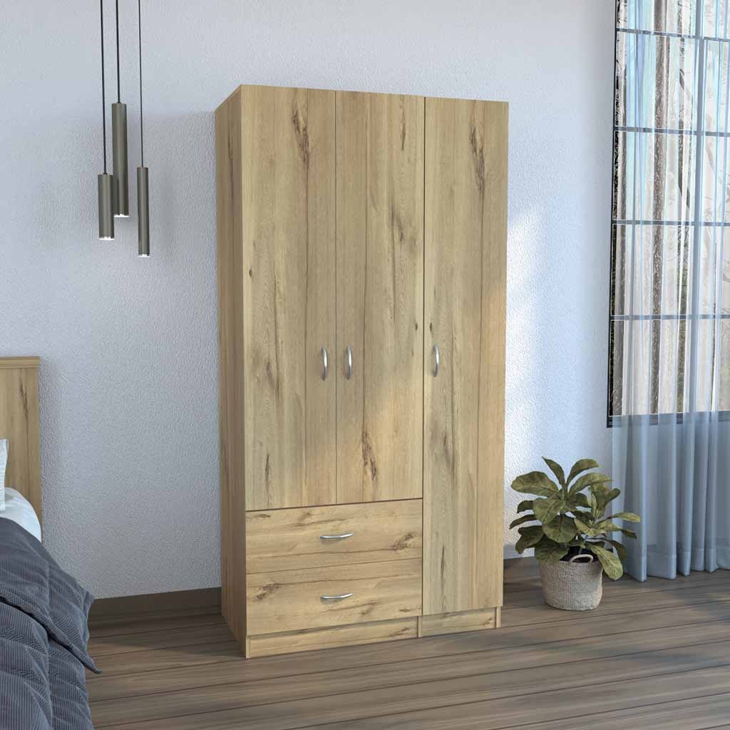 Three Door Armoire Clark, Bedroom, Light Oak / Black - sold by Home Elegance USA
