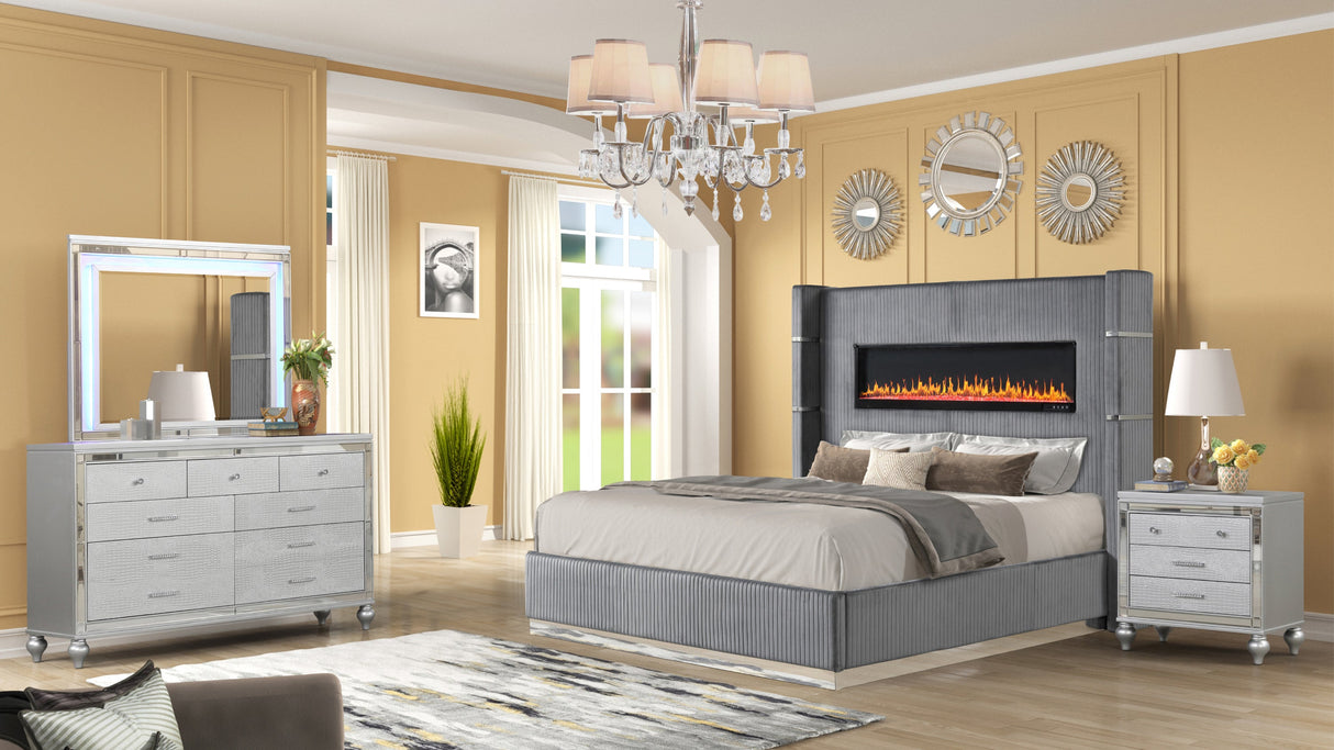 LIZZELLE Upholstery Wooden King 4 PC Bedroom set with Ambient lighting in Gray Velvet Finish(CA INVENTORY) - sold by Home Elegance USA