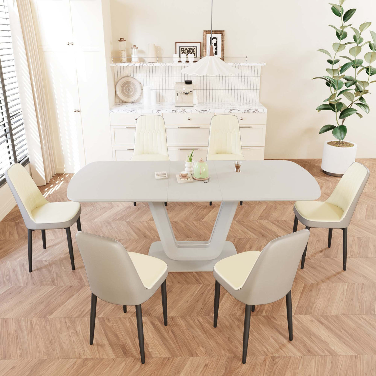 Juego de mesa de comedor expandible de 62,99 a 78,74 pies para 2 a 8 personas, equipado con 6 sillas de comedor acolchadas gruesas de tela de PU y una espaciosa mesa de comedor, mesa de cocina y sillas, con patas de mesa en forma de U