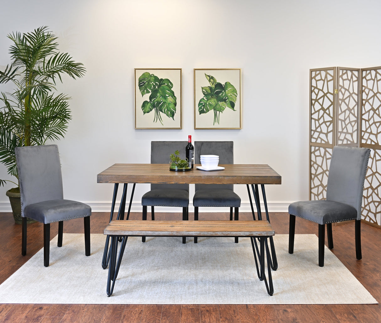 Ashzo 6-Piece Dining Set, Hairpin Dining Table with 4 Chairs and Bench, 3 Color Options - sold by Home Elegance USA