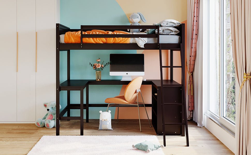 Full size Loft Bed with Shelves and Desk, Wooden Loft Bed with Desk - Espresso - Home Elegance USA
