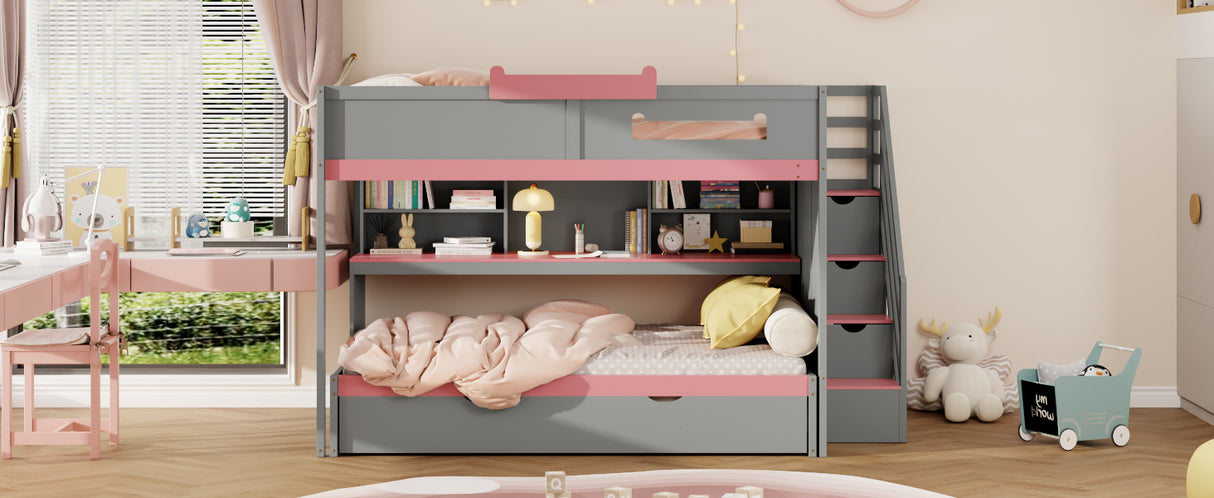 Full Over Full Bunk Bed with Twin Size Trundle and Staircase, Shelves, LED,Gray - sold by Home Elegance USA