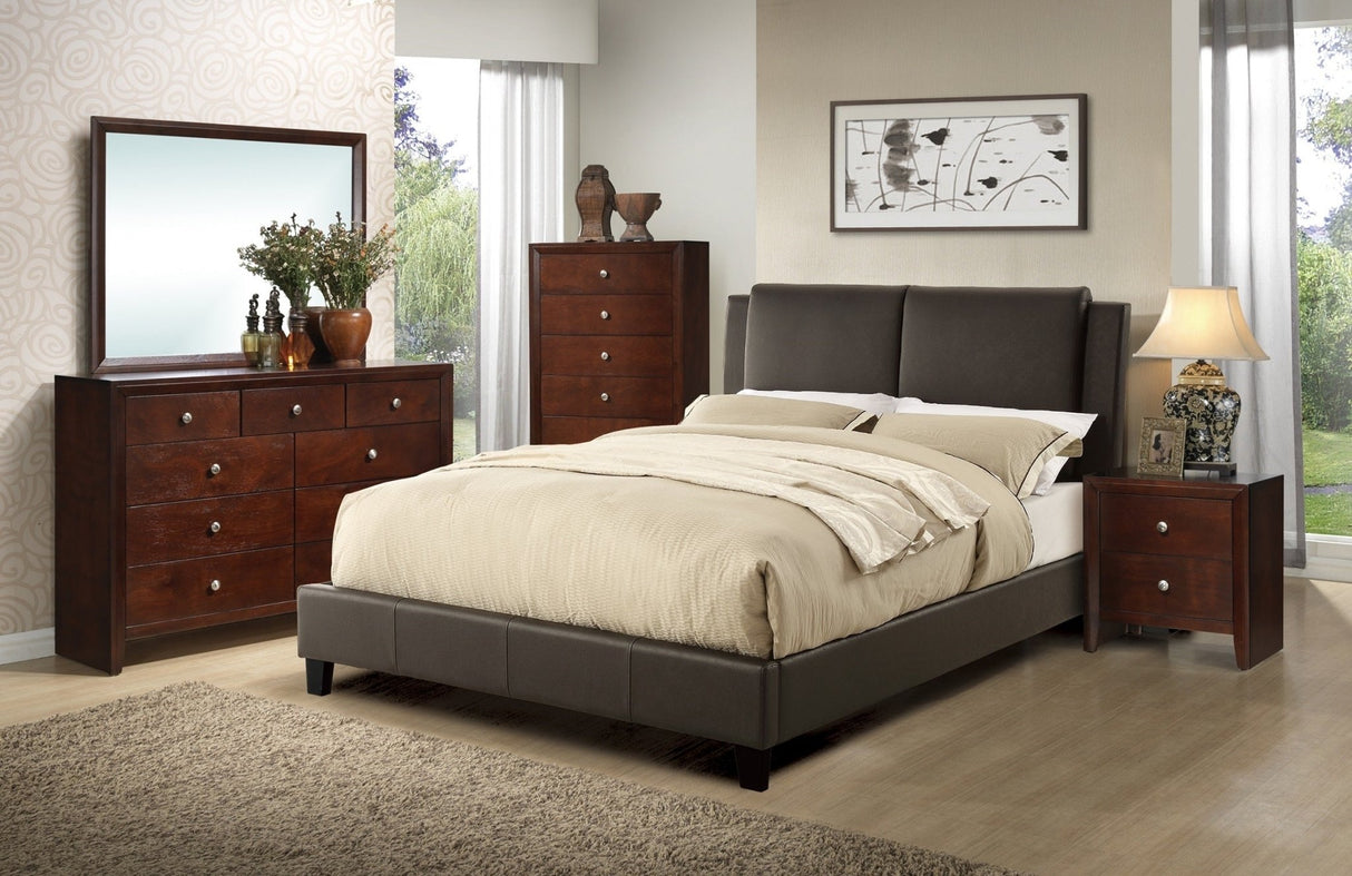 California King Size Bed 1pc Bed Set Brown Faux Leather Upholstered Two - Panel Bed Frame Headboard Bedroom Furniture | Home Elegance USA
