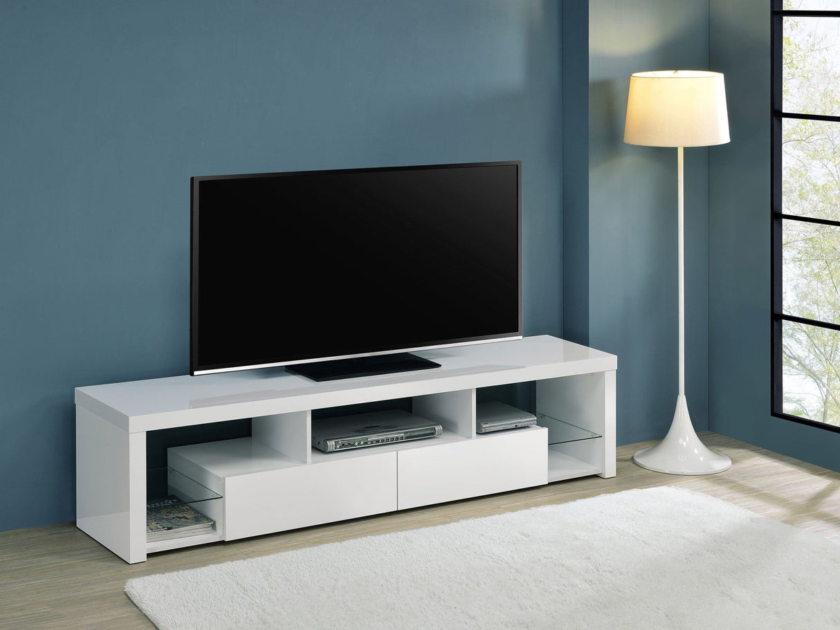 Jude 2 - drawer 71" TV Stand With Shelving White High Gloss | Coaster | Home Elegance USA