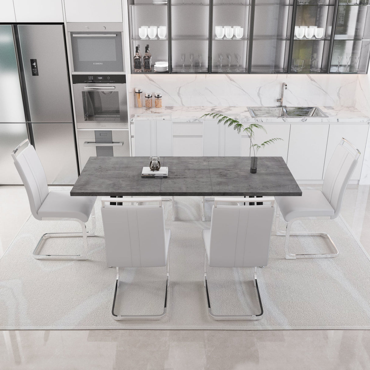 55.12-70.87' expandable square dining table set that can accommodate 4-6 people, equipped with 6 C-shaped tubular cushioned armless dining chair, kitchen table and chair set, with metal legs - sold by Home Elegance USA