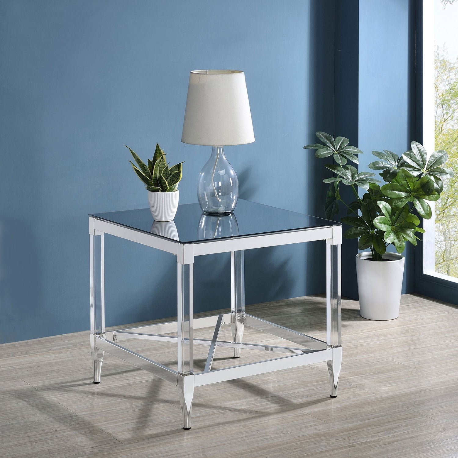 End Table - Lindley Square End Table with Acrylic Legs and Tempered Mirror Top Chrome