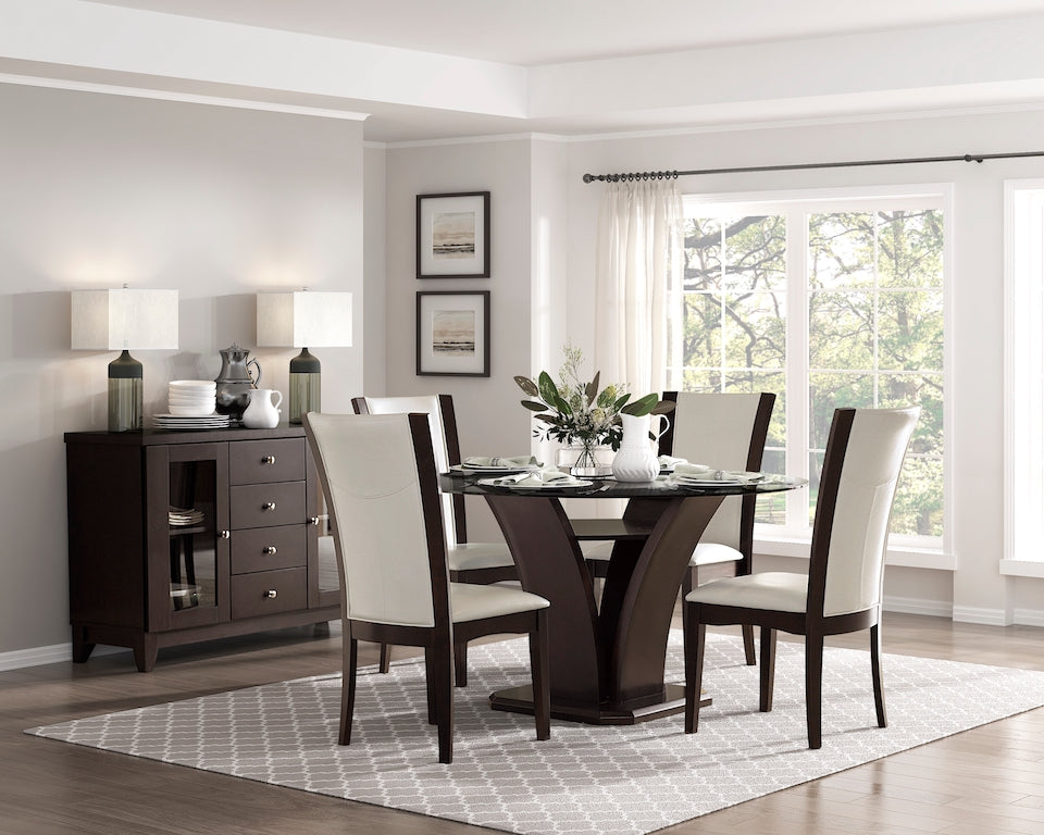 Dining room with a dark wood table and chairs, sideboard, and large window.