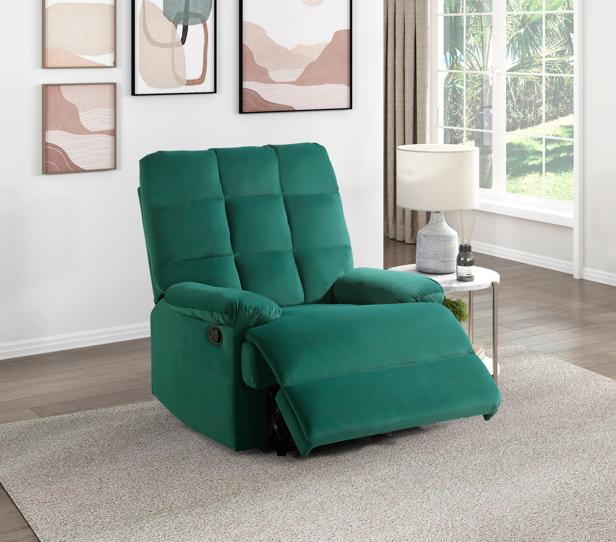 Reclining Chair Green Velvet Upholstery Square Tufted Back Pillowtop Arms Solid Wood Furniture Modern Living Room Recliner 1pc