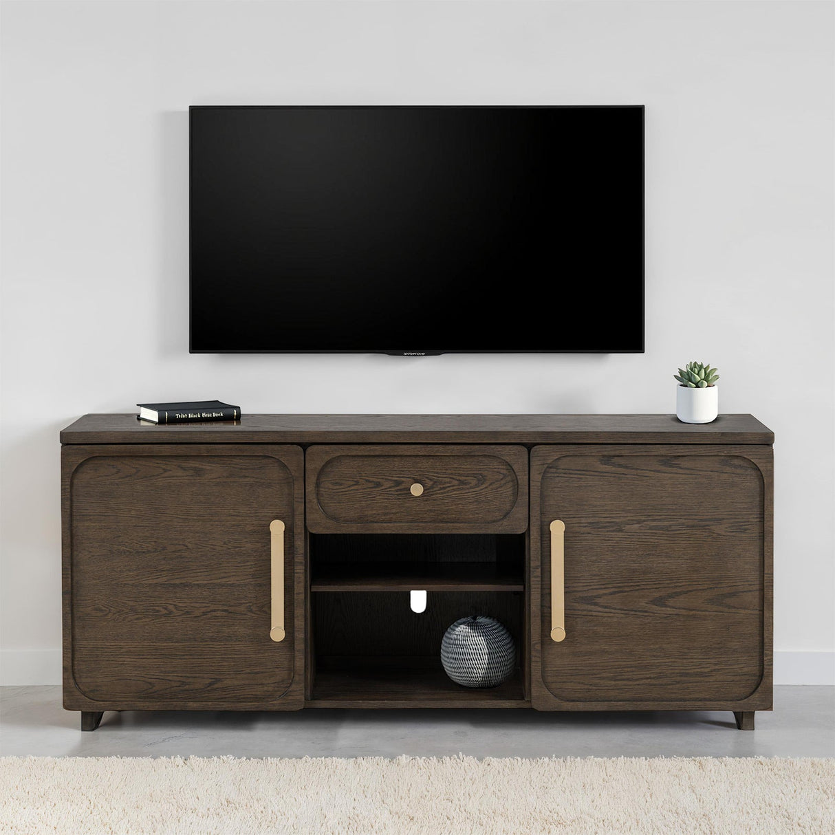 Transitional Style 1pc TV Console Gold Handles And Knob Recessed Panels Dark Walnut Finish - sold by Home Elegance USA