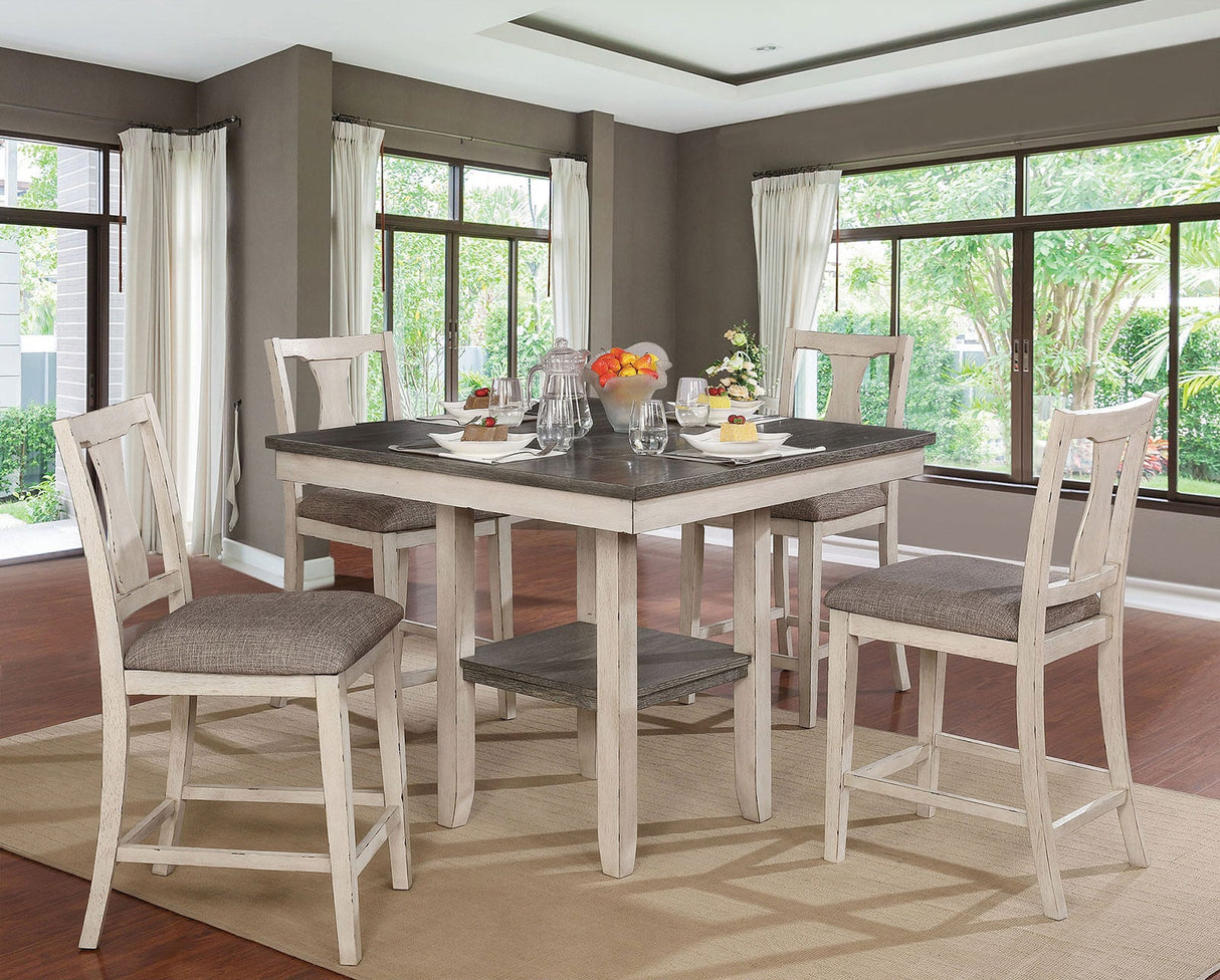 Dining Room Rustic Style Antique White 5pc Dining Set Counter Height Table w Shelf Unique High Chairs Furniture - sold by Home Elegance USA