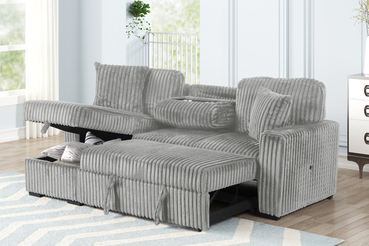Plush Sectional Sofa W/ Pull Out Sleeper made with Velvet fabric- Gray (CA inventory)