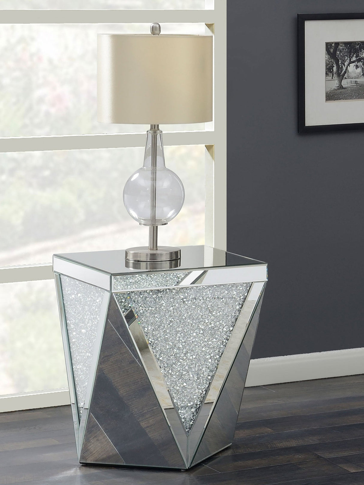 Amore Square End Table with Triangle Detailing Silver and Clear Mirror | Coaster | Home Elegance USA
