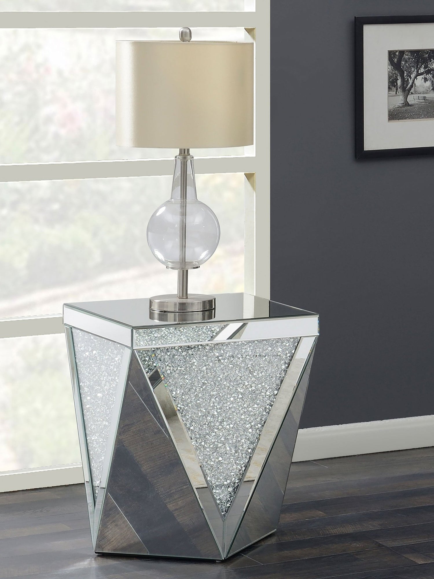 Amore Square End Table with Triangle Detailing Silver and Clear Mirror | Coaster | Home Elegance USA
