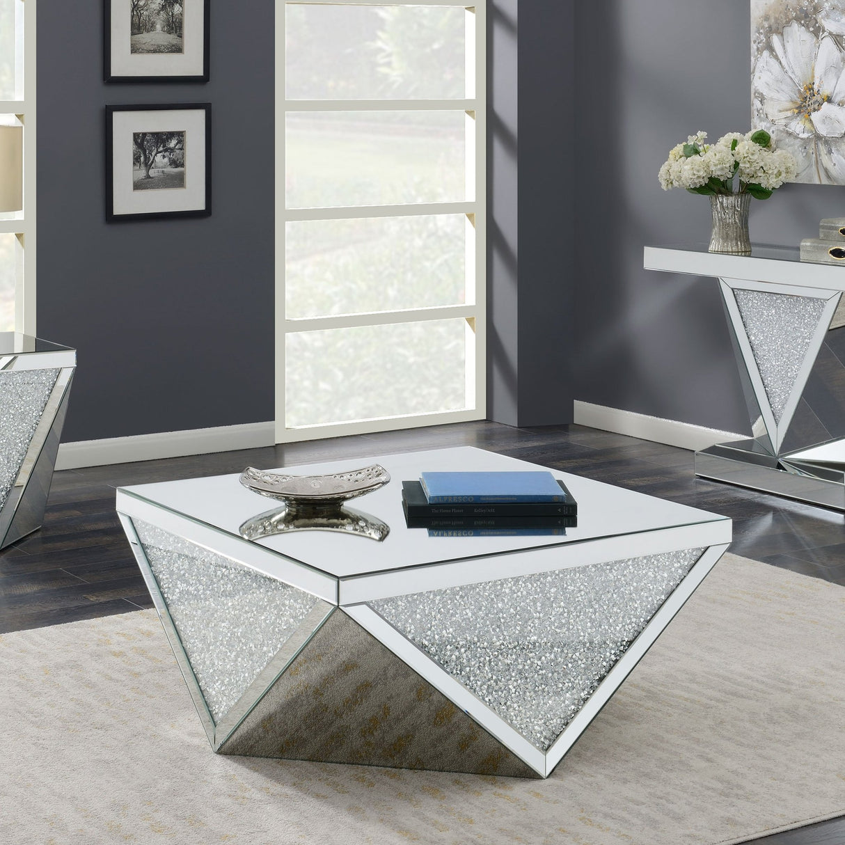 Amore Square Coffee Table with Triangle Detailing Silver and Clear Mirror | Coaster | Home Elegance USA