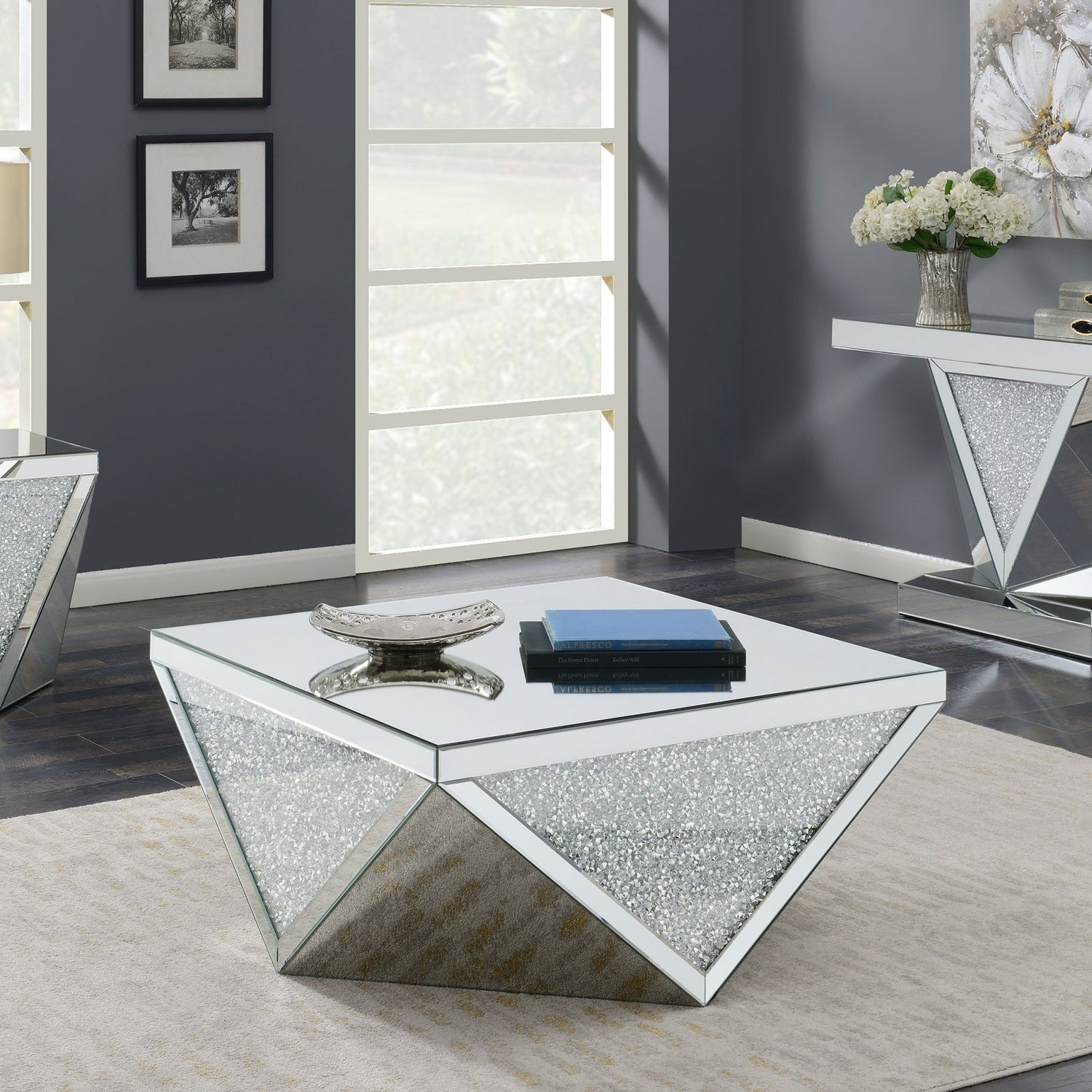 Amore Square Coffee Table with Triangle Detailing Silver and Clear Mirror | Coaster | Home Elegance USA