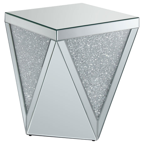 Amore Square End Table with Triangle Detailing Silver and Clear Mirror | Coaster | Home Elegance USA
