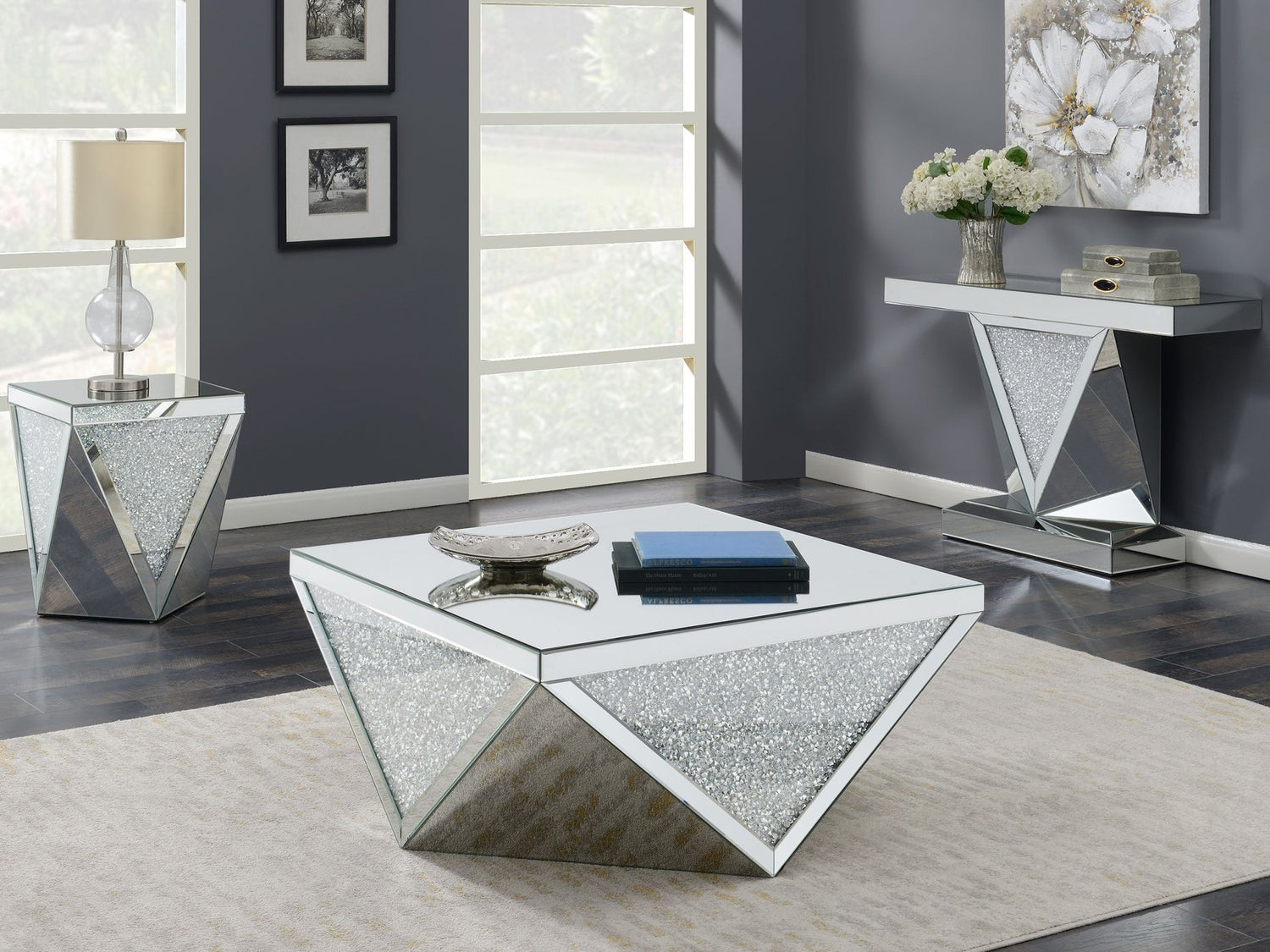 Amore Square End Table with Triangle Detailing Silver and Clear Mirror | Coaster | Home Elegance USA