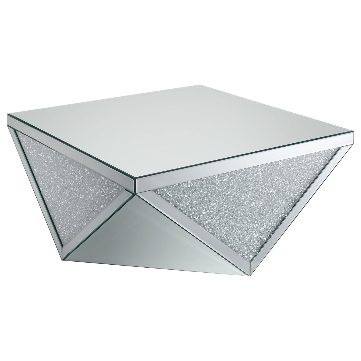 Amore Square Coffee Table with Triangle Detailing Silver and Clear Mirror | Coaster | Home Elegance USA