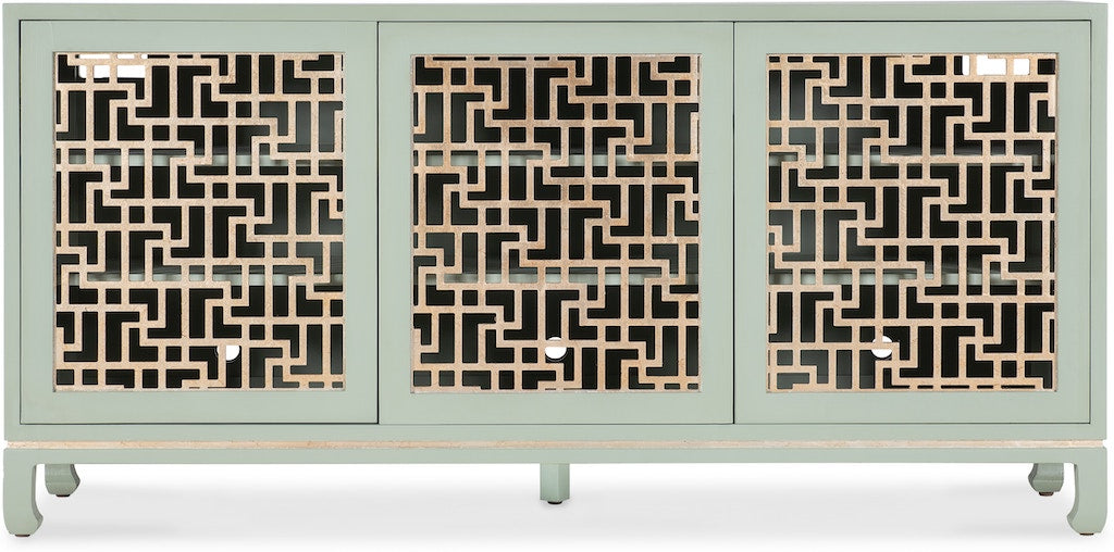 Hooker Furniture Commerce & Market Trellis Entertainment Credenza – Light Green Painted Finish, Champagne Silver Leaf Fretwork, Max 70" TV Size - Home Elegance USA
