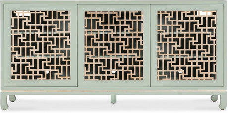 Hooker Furniture Commerce & Market Trellis Entertainment Credenza – Light Green Painted Finish, Champagne Silver Leaf Fretwork, Max 70" TV Size - Home Elegance USA